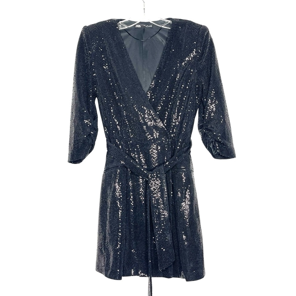 Zara Black Mini Paillette Shimmer Wrap Mini Party Cocktail Dress Size S